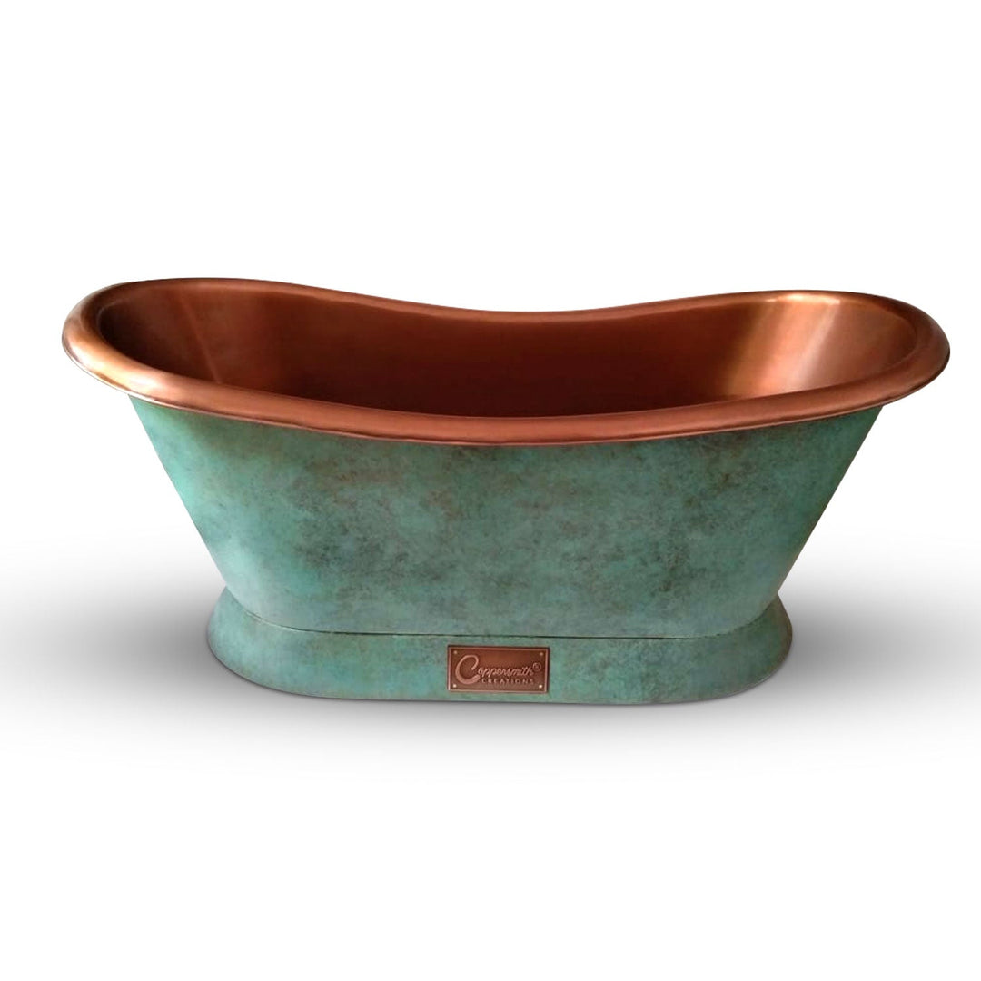 Slanting Base Copper Bathtub Copper Interior & Blue Green Patina Exterior Finish