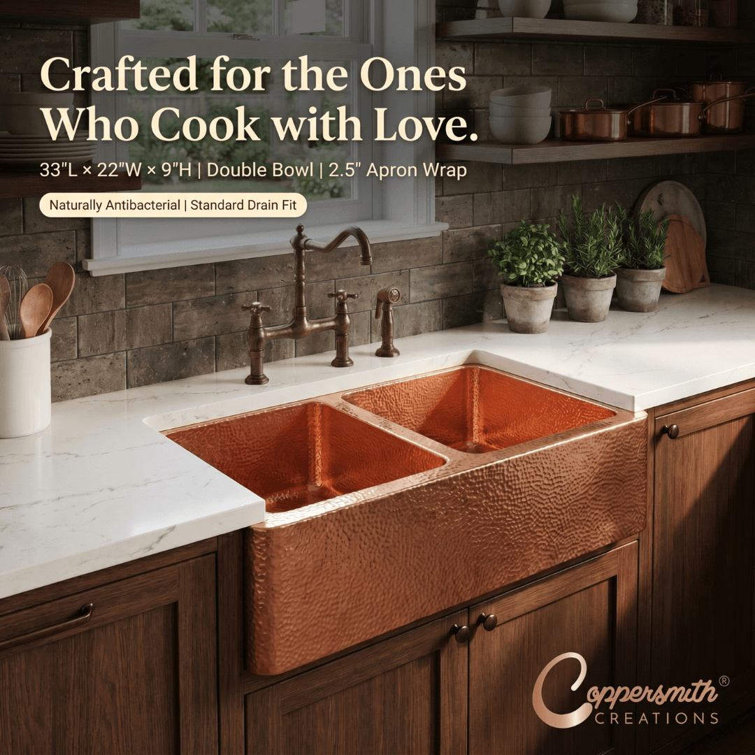 Double Bowl Hammered Front Apron Copper Kitchen Sink Shining Copper Finish