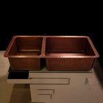 Load image into Gallery viewer, Double Bowl Vine Design Front Apron Copper Kitchen Sink 60-40 Split
