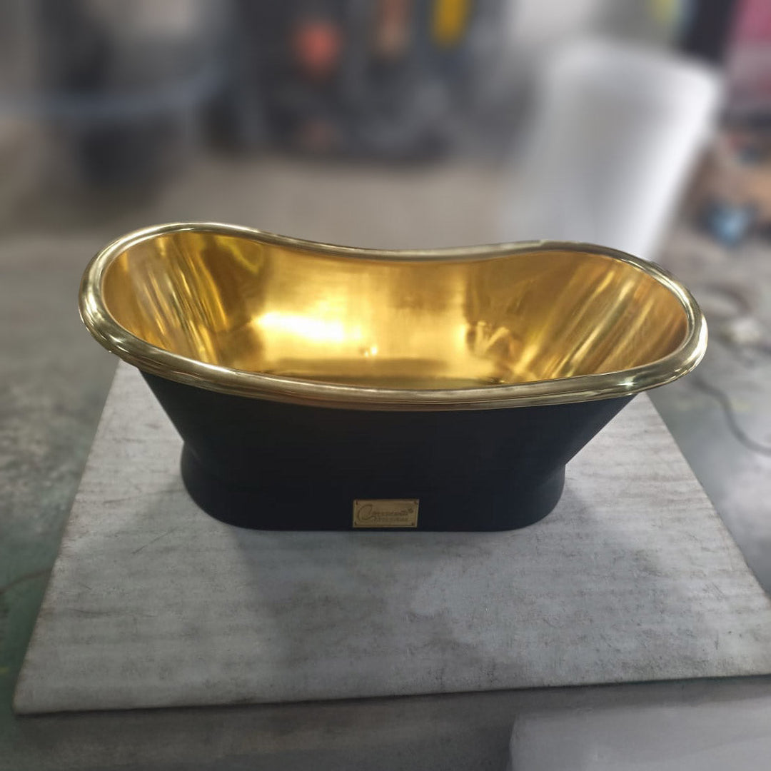 Slanting Base Brass Bathtub Polished Brass Inside Black Outside