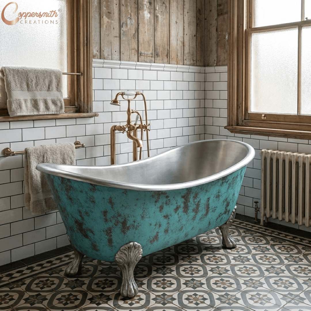 Clawfoot Copper Bathtub Verdigris Patina Exterior & Tin Interior Double Slipper