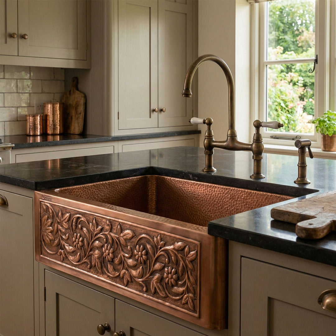 Single Bowl Vine Design Front Apron Copper Kitchen Sink