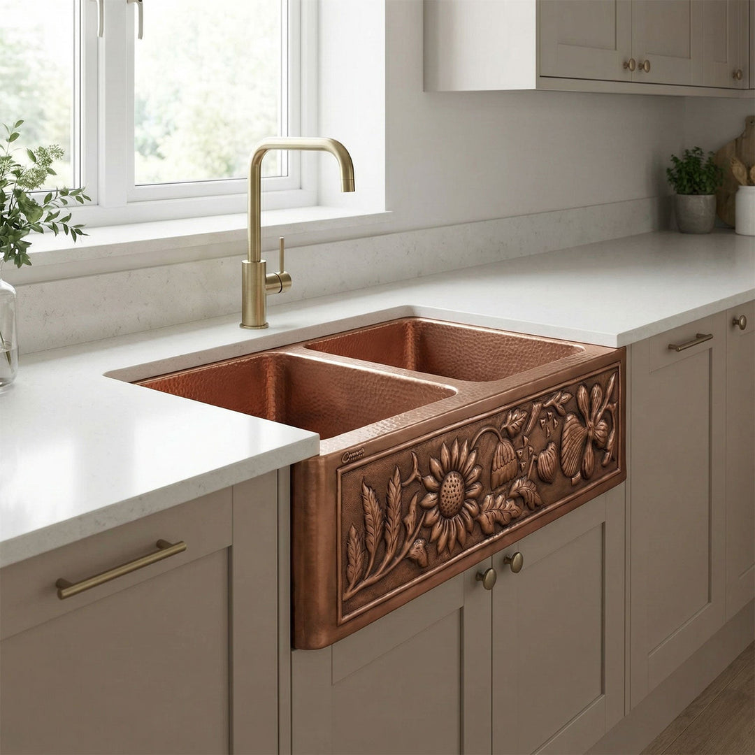 Double Bowl Sunflower Design Front Apron Copper Kitchen Sink