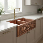 Load image into Gallery viewer, Double Bowl Sunflower Design Front Apron Copper Kitchen Sink
