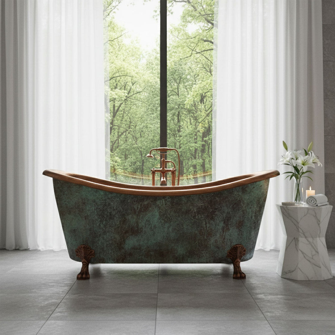 Hammered Clawfoot Copper Double Slipper Tub Blue-Green Patina Exterior