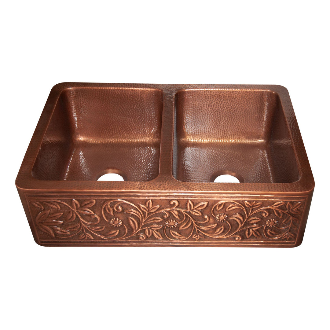 Double Bowl Vine Design Front Apron Copper Kitchen Sink