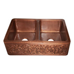 Load image into Gallery viewer, Double Bowl Vine Design Front Apron Copper Kitchen Sink
