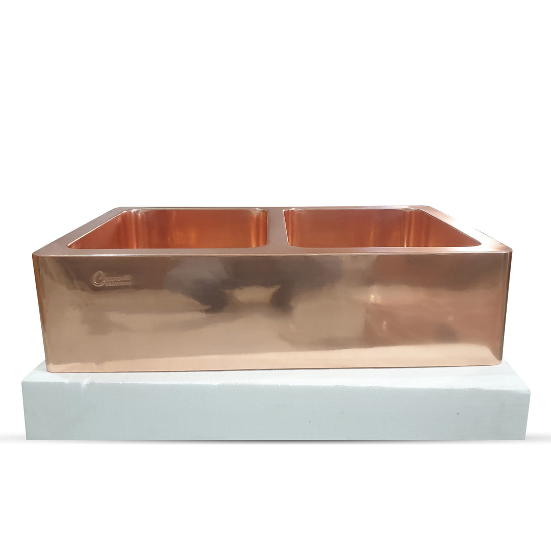 Double Bowl Smooth Front Apron Copper Kitchen Sink Plain Shiny Finish