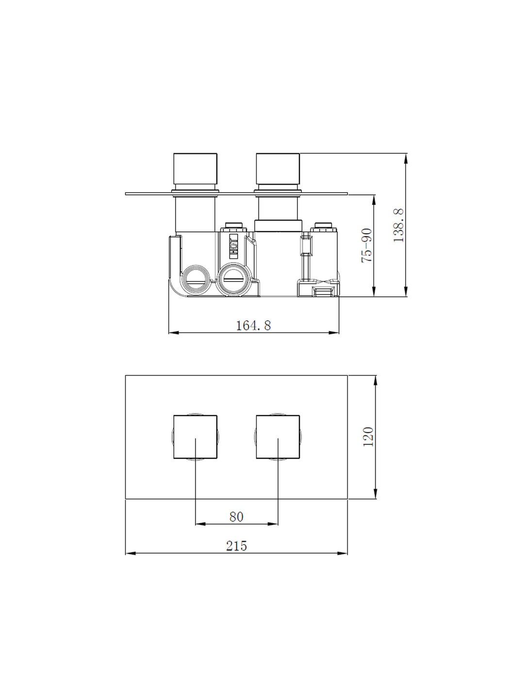 Round Concealed Thermostatic 2 Handle 2 Way Shower Kit Square