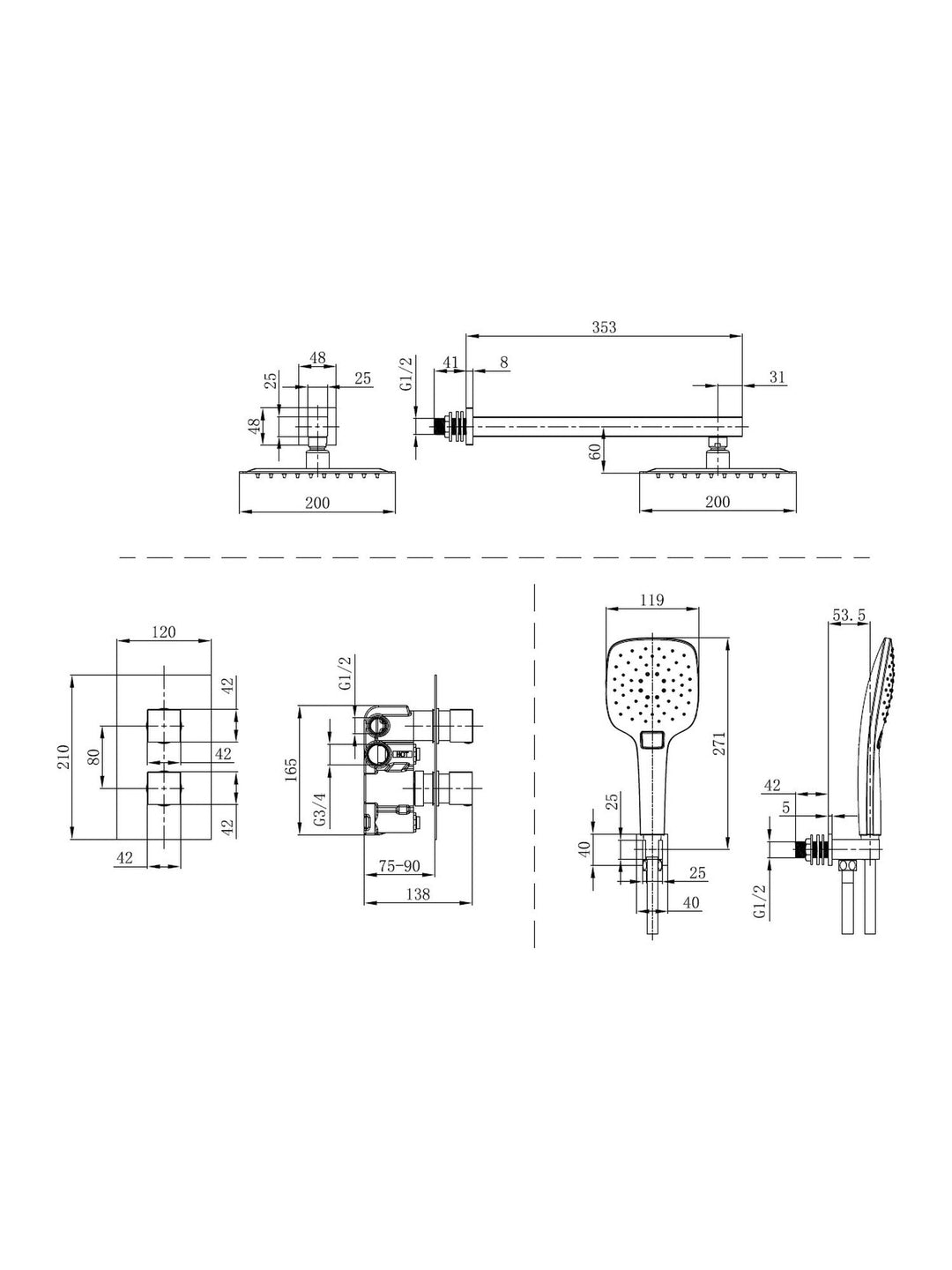 Round Concealed Thermostatic 2 Handle 2 Way Shower Kit Square