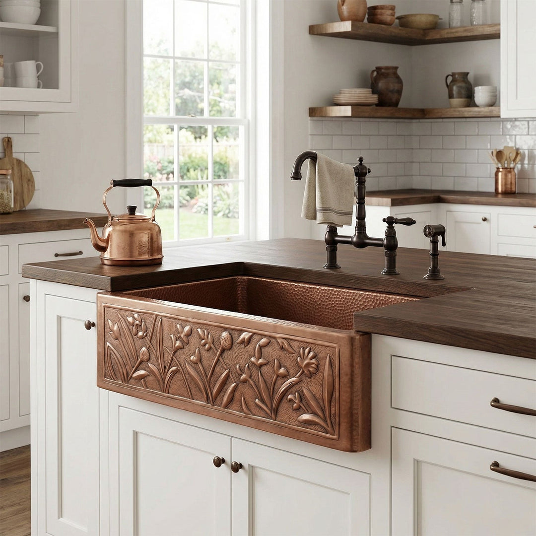 Single Bowl Flower Front Apron Copper Kitchen Sink