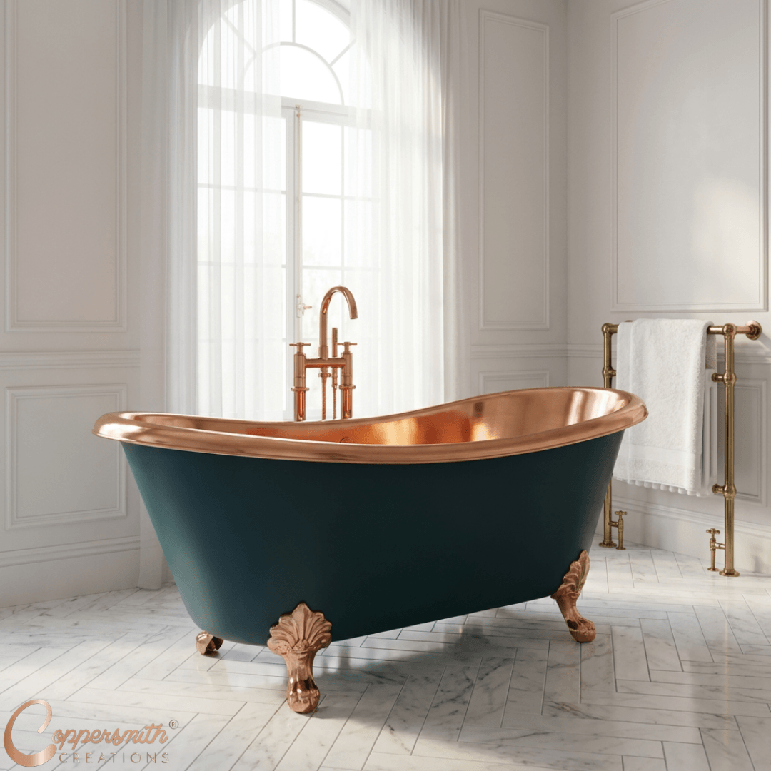 Copper Bathtub RAL 6004 Blue-Green Exterior & Copper Clawfoot Legs