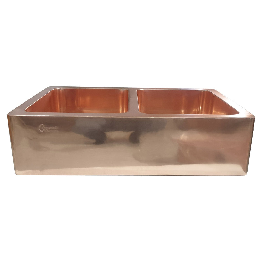 Double Bowl Smooth Front Apron Copper Kitchen Sink Plain Shiny Finish