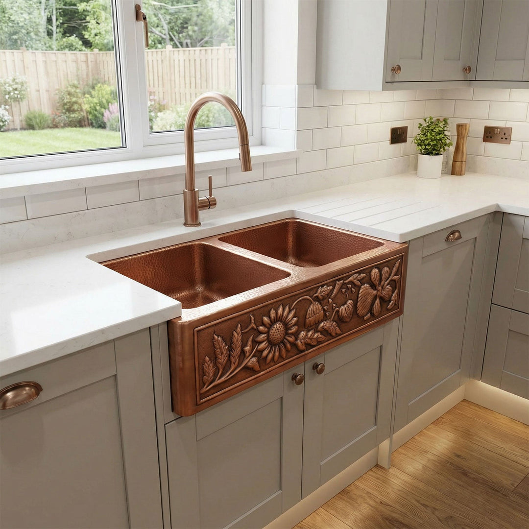 Double Bowl Sunflower Design Front Apron Copper Kitchen Sink