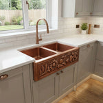 Load image into Gallery viewer, Double Bowl Sunflower Design Front Apron Copper Kitchen Sink
