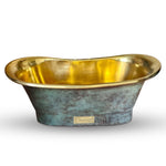 Load image into Gallery viewer, Straight Base Brass Bathtub Patina Exterior &amp; Polished Brass Interior Finish
