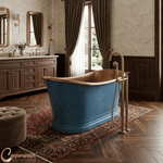 Load image into Gallery viewer, Slanted Cascading Base Copper Bathtub Verdigris Blue Patina Exterior &amp; Antique Finish Interior
