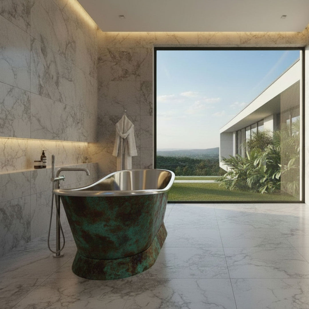 Slanting Base Stainless Steel Bathtub Weathered Patina Exterior