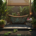Load image into Gallery viewer, Hammered Clawfoot Copper Double Slipper Tub Blue-Green Patina Exterior
