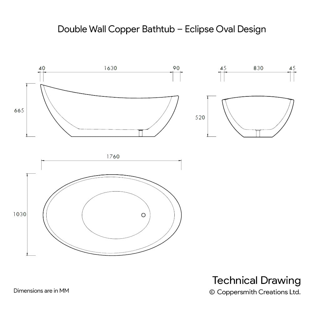 Double Wall Copper Bathtub Charcoal Black Antique - Eclipse Oval Design