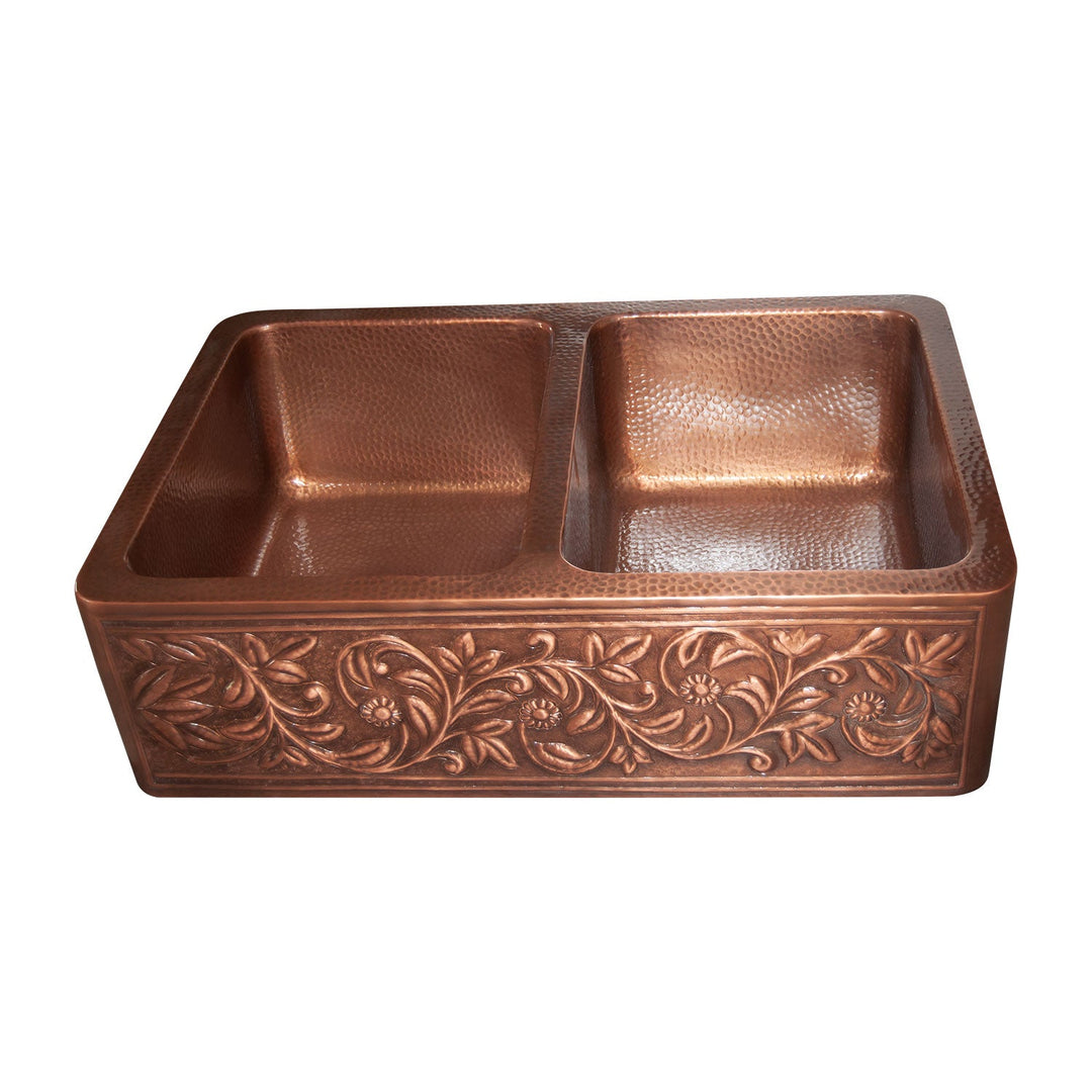 Double Bowl Vine Design Front Apron Copper Kitchen Sink