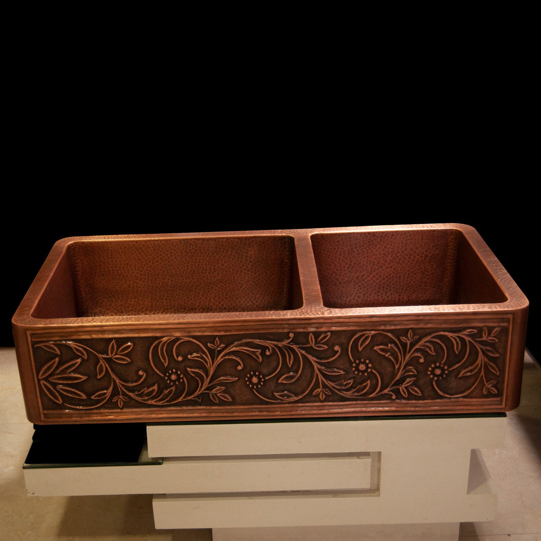 Double Bowl Vine Design Front Apron Copper Kitchen Sink 60-40 Split