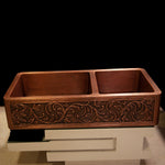 Load image into Gallery viewer, Double Bowl Vine Design Front Apron Copper Kitchen Sink 60-40 Split
