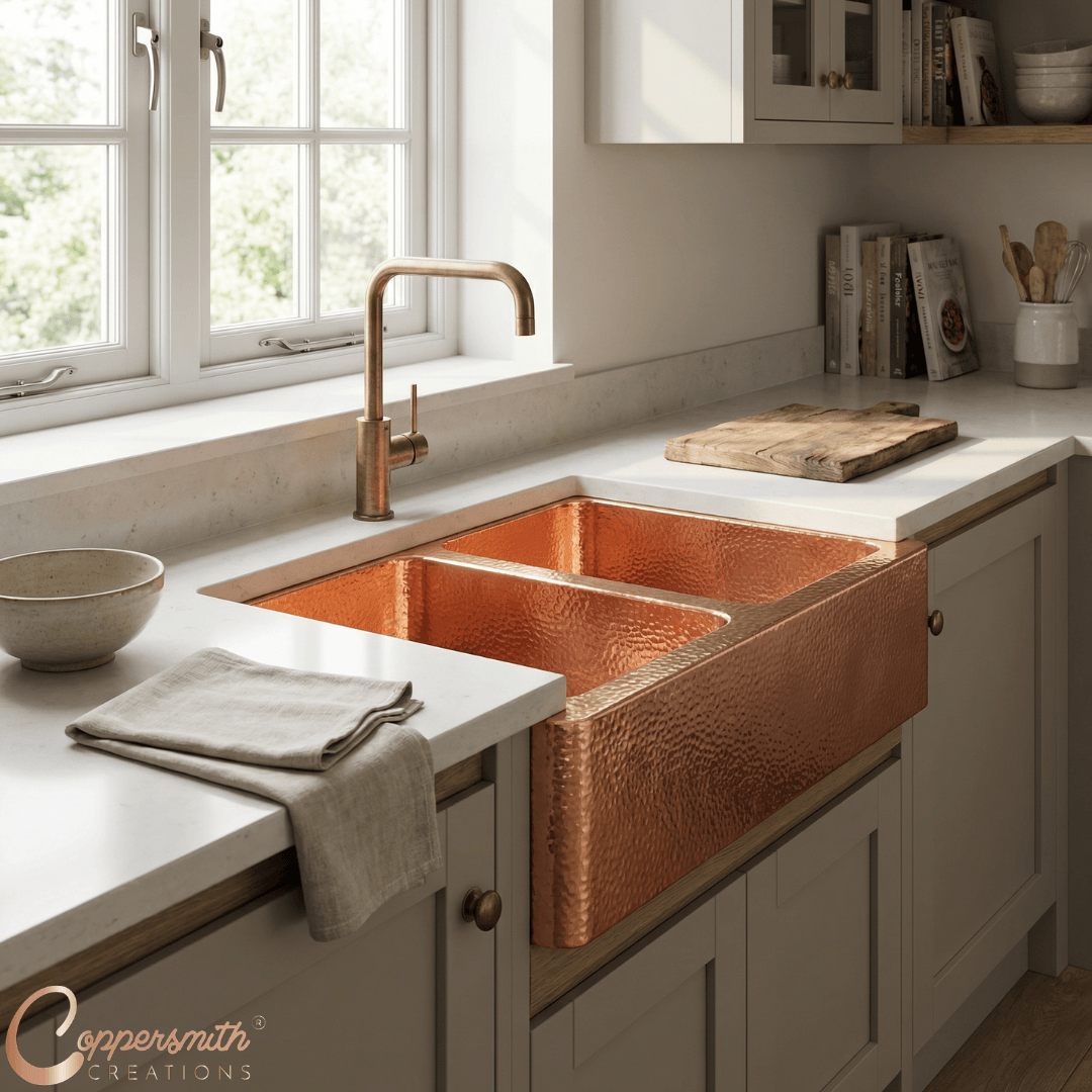 Double Bowl Hammered Front Apron Copper Kitchen Sink Shining Copper Finish