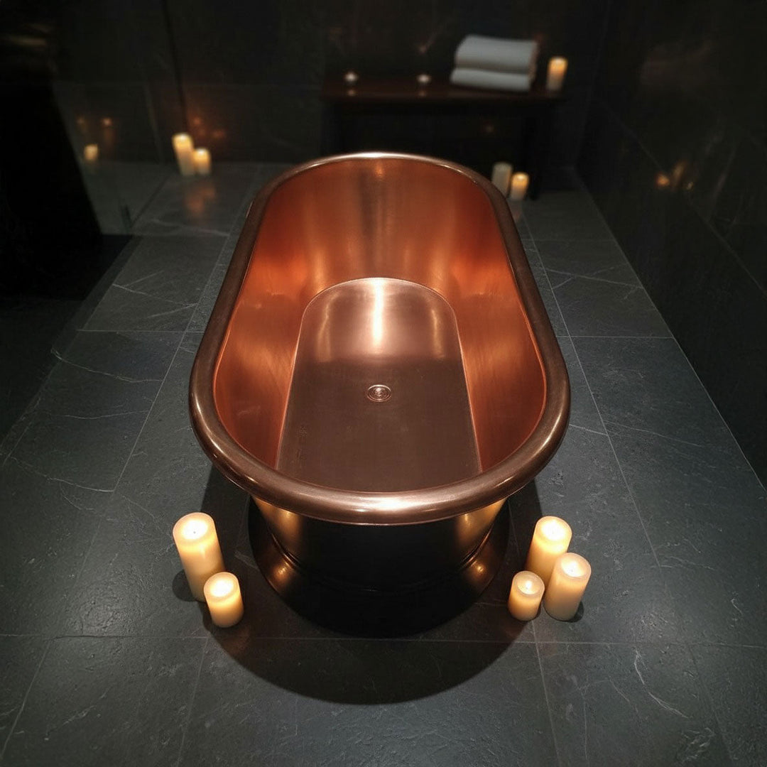 Pedestal Copper Bathtub Black Exterior & Polished Copper Interior
