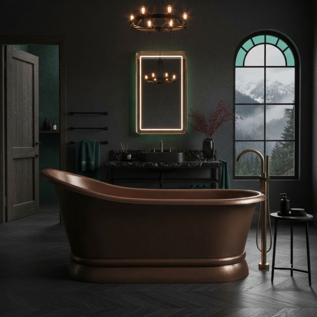 Hammered Copper Single Slipper Tub with Smooth Round Pedestal Base