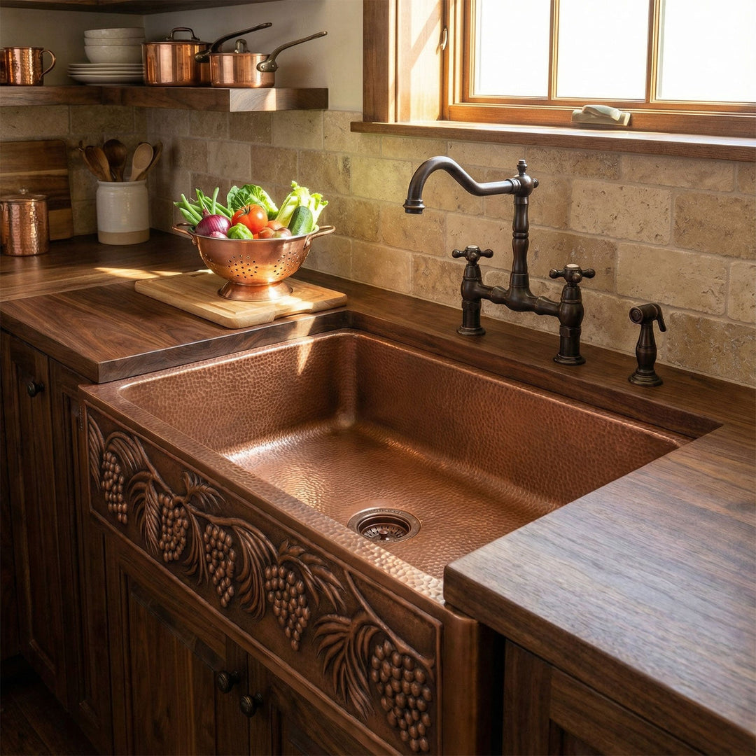 Single Bowl Five Grape Front Apron Copper Kitchen Sink