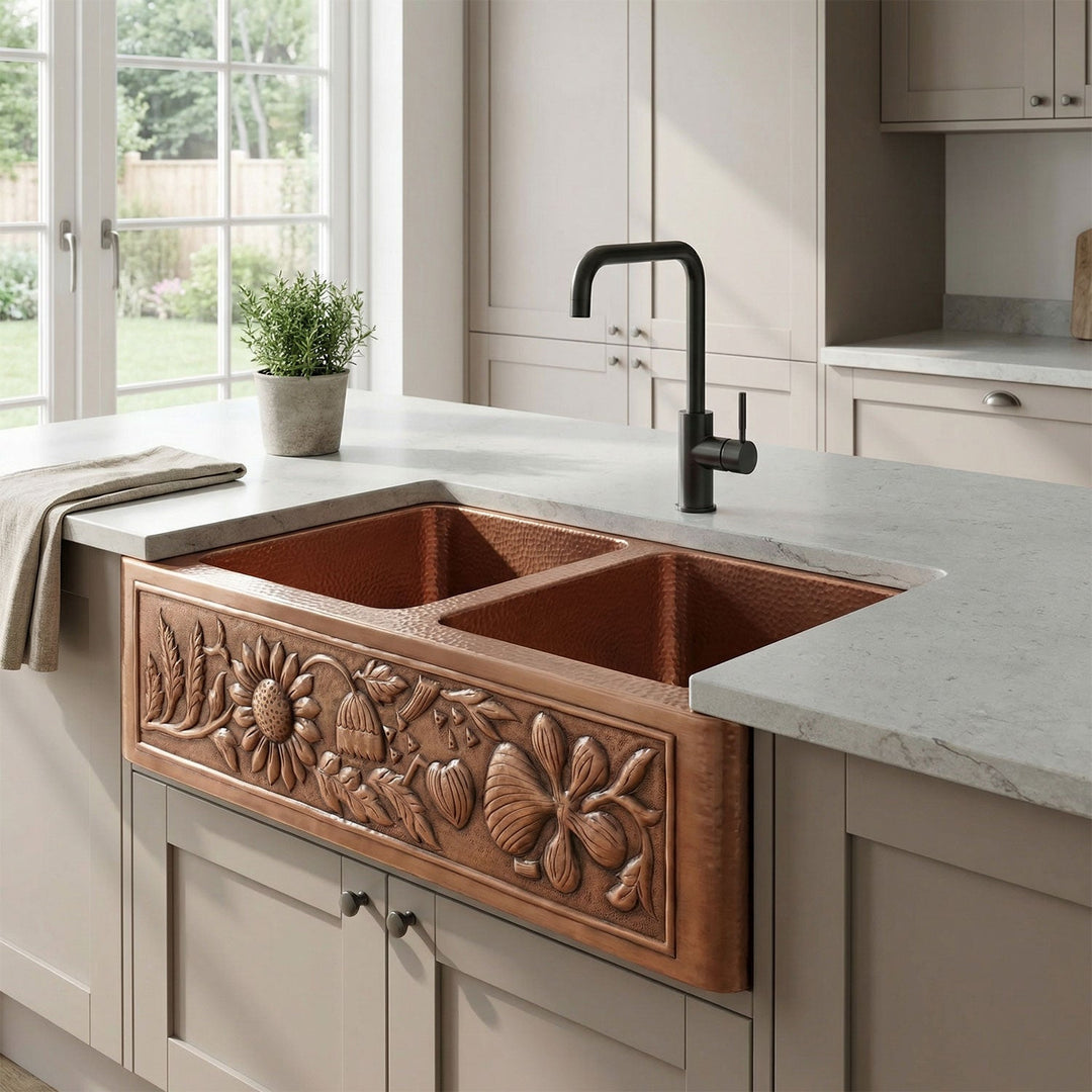 Double Bowl Sunflower Design Front Apron Copper Kitchen Sink