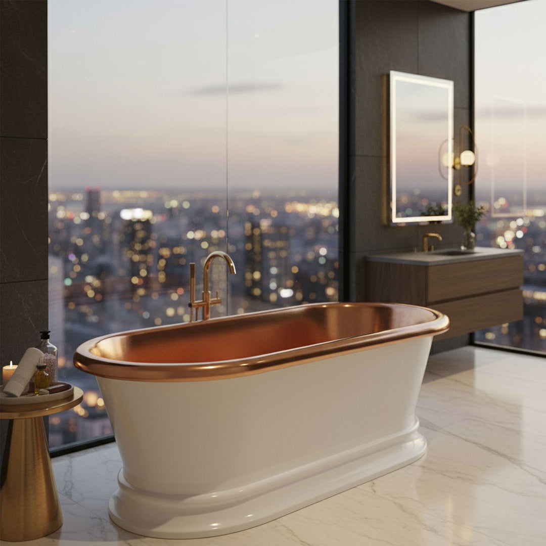 Pedestal Copper Bathtub White Powder Coated Exterior & Polished Copper Interior