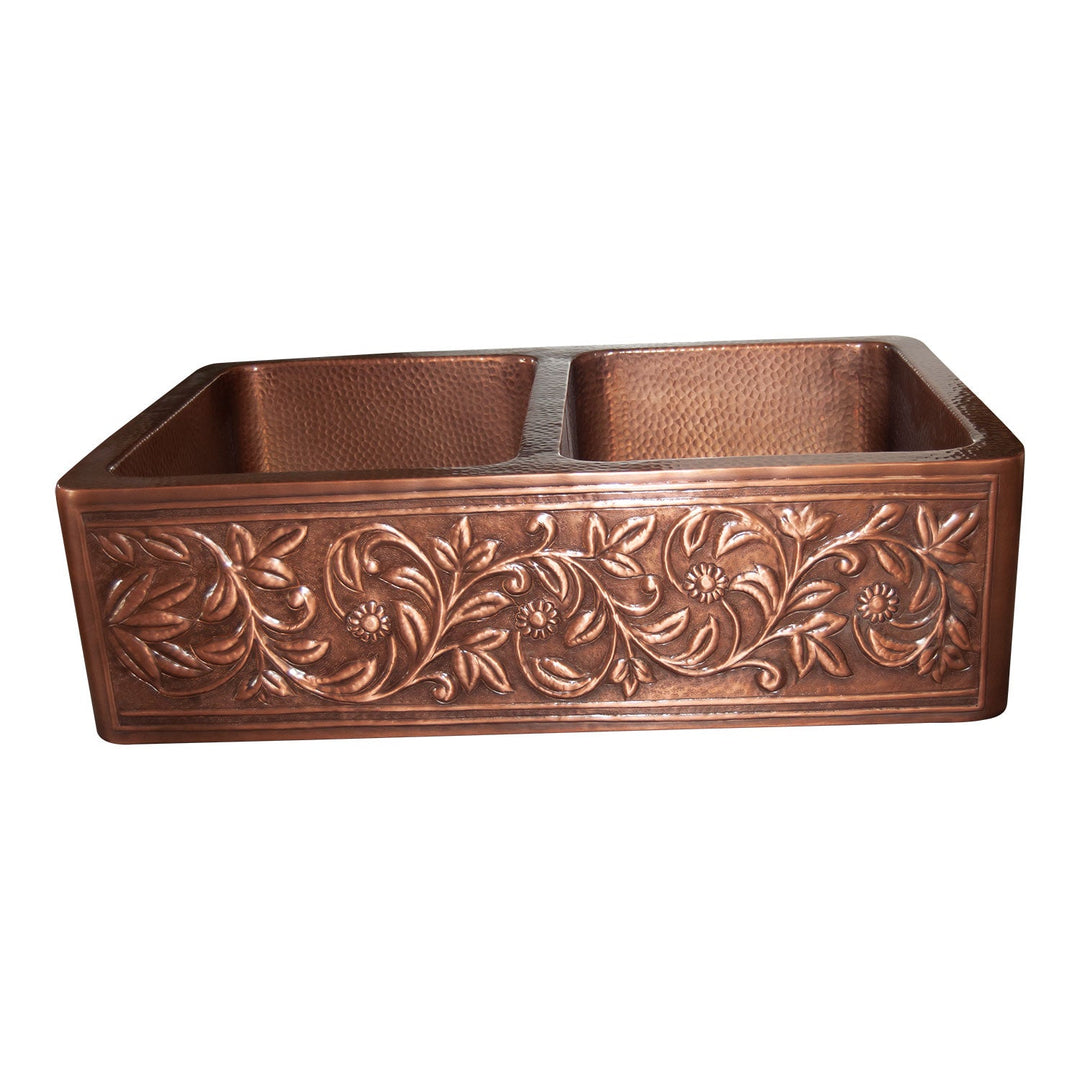 Double Bowl Vine Design Front Apron Copper Kitchen Sink