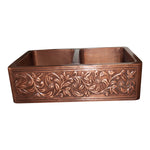 Load image into Gallery viewer, Double Bowl Vine Design Front Apron Copper Kitchen Sink
