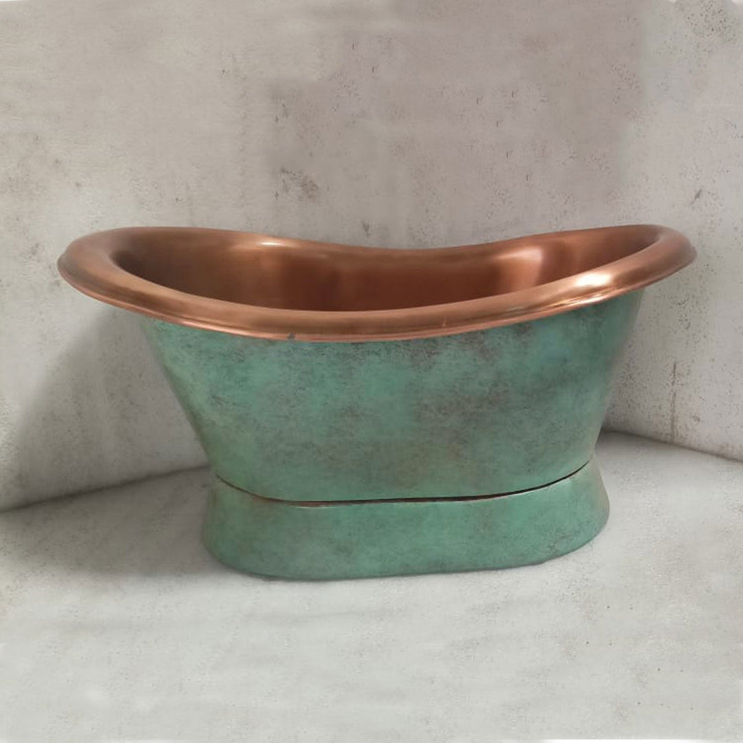 Slanting Base Copper Tub Style Sink Antique Finish Copper Inside & Patina Outside