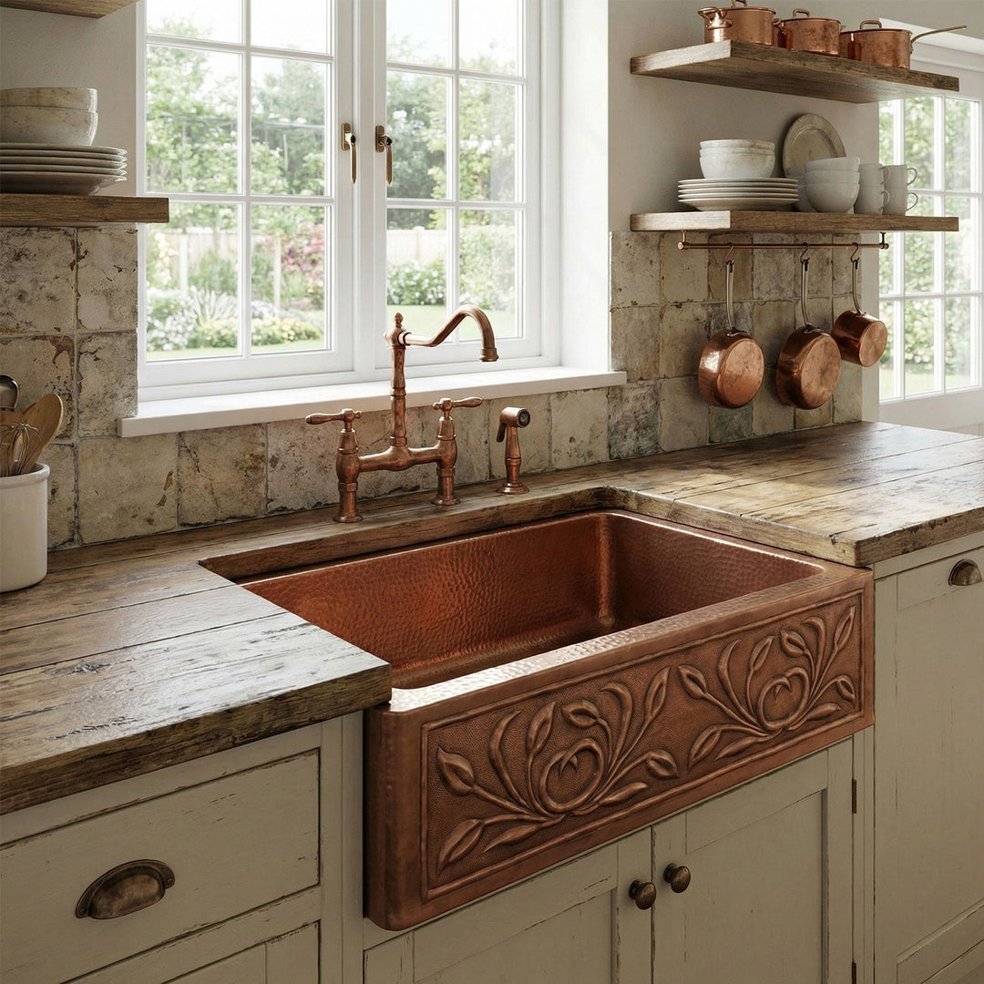 Single Bowl Petal Front Apron Copper Kitchen Sink