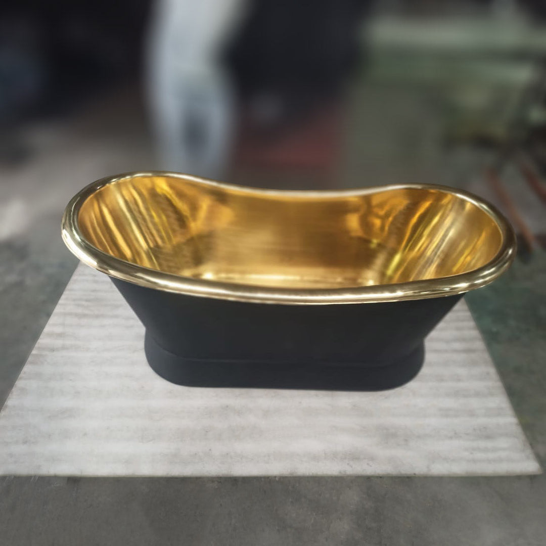 Slanting Base Brass Bathtub Polished Brass Inside Black Outside