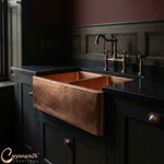 Load image into Gallery viewer, Double Bowl Hammered Front Apron Copper Kitchen Sink Shining Copper Finish
