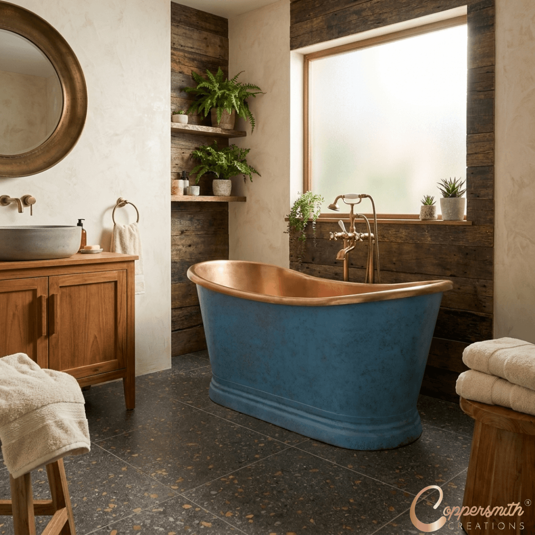 Slanted Cascading Base Copper Bathtub Verdigris Blue Patina Exterior & Antique Finish Interior