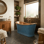 Load image into Gallery viewer, Slanted Cascading Base Copper Bathtub Verdigris Blue Patina Exterior &amp; Antique Finish Interior
