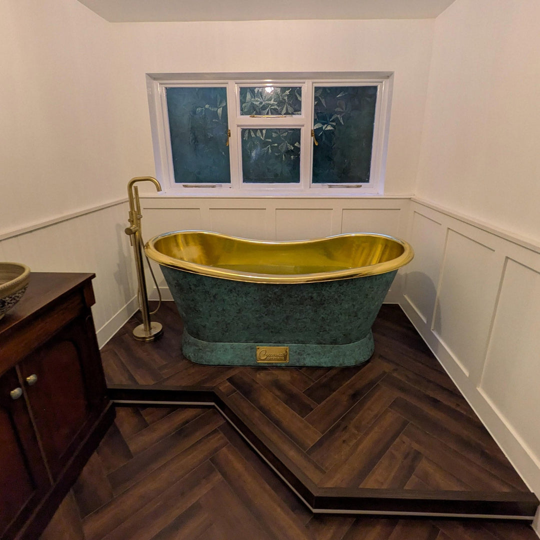Slanting Base Brass Bathtub Polished Brass Inside & Patina Outside