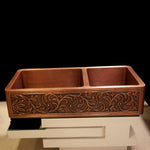 Load image into Gallery viewer, Double Bowl Vine Design Front Apron Copper Kitchen Sink 60-40 Split
