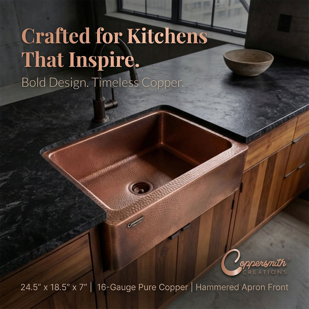 Copper Sink Hammered Front Apron 24.50 x 18.50 x 7 inch