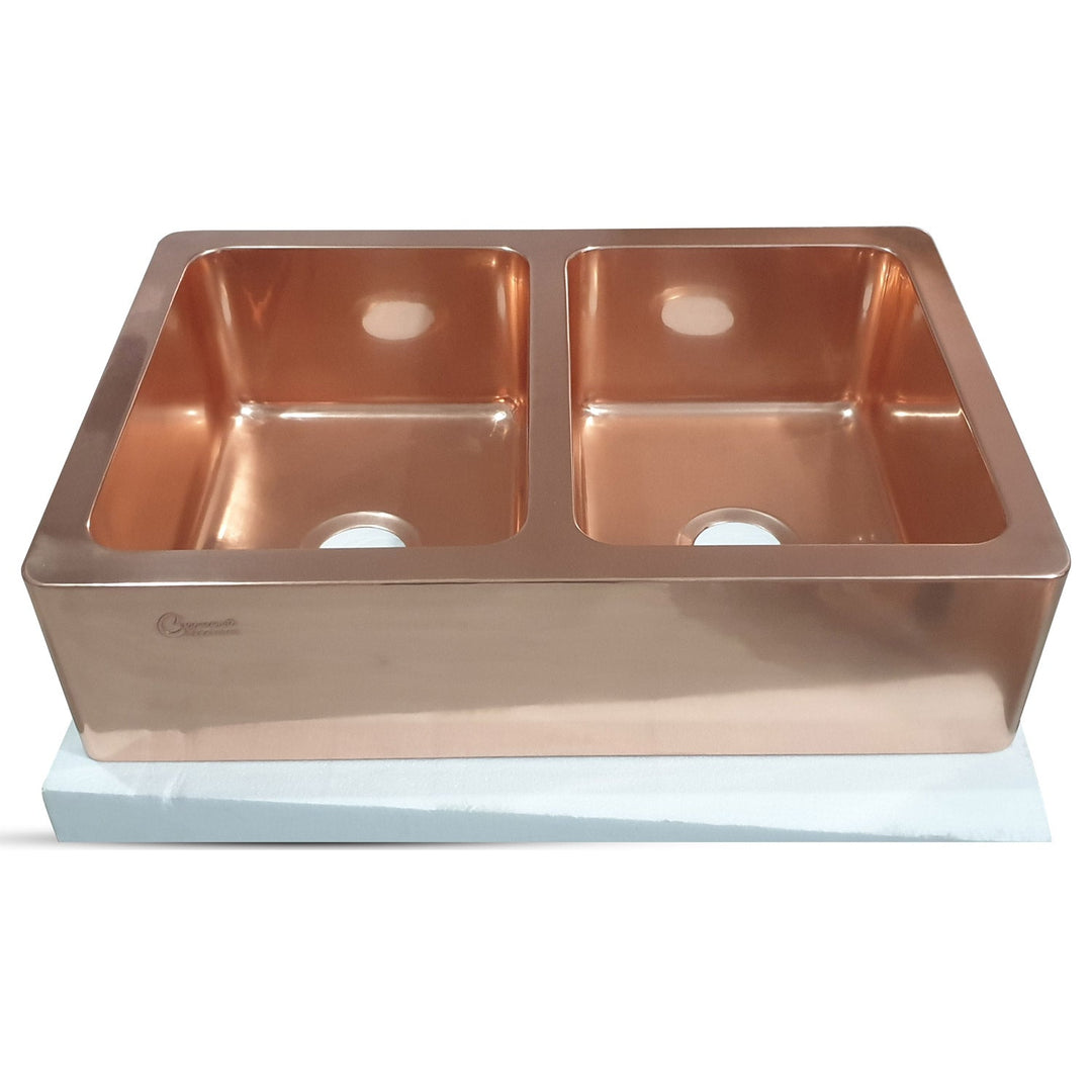Double Bowl Smooth Front Apron Copper Kitchen Sink Plain Shiny Finish