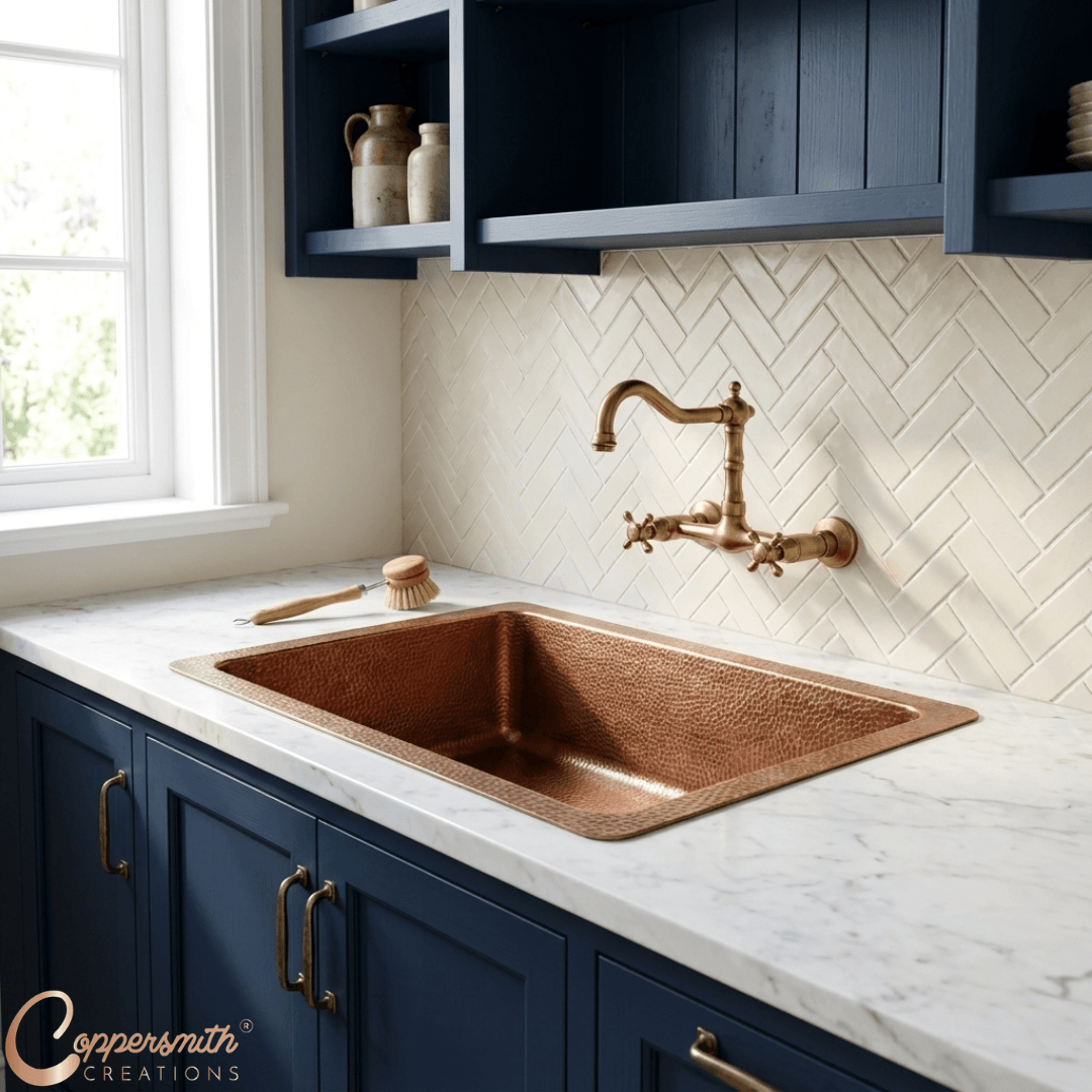 Single Bowl Single Wall Hammered Copper Kitchen Sink Unlacquered Dark Antique Finish (without front apron)