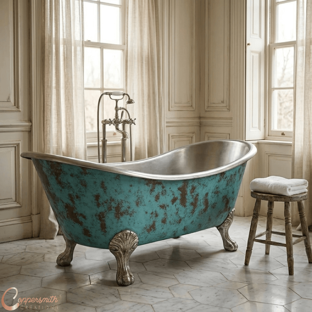 Clawfoot Copper Bathtub Verdigris Patina Exterior & Tin Interior Double Slipper