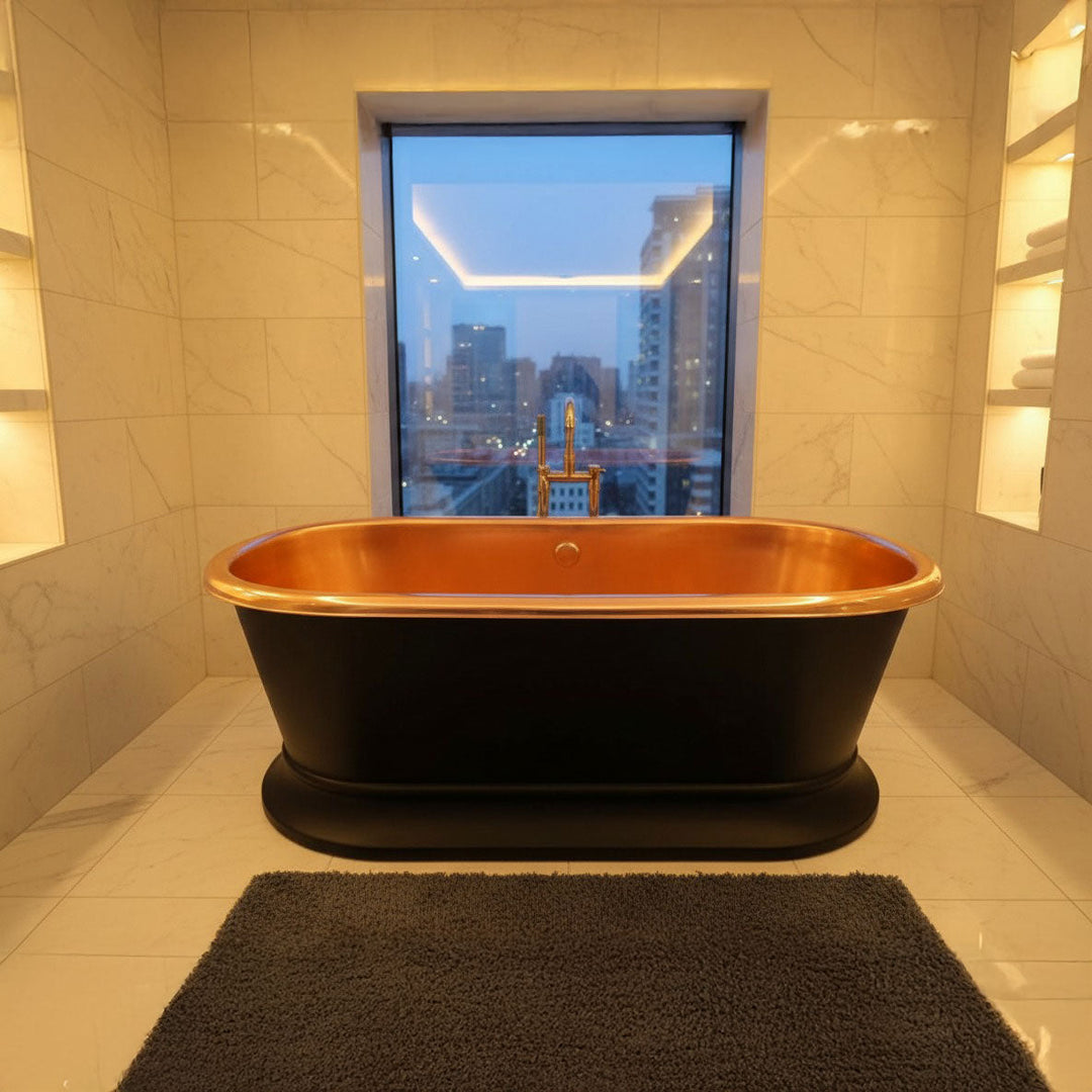 Pedestal Copper Bathtub Black Exterior & Polished Copper Interior