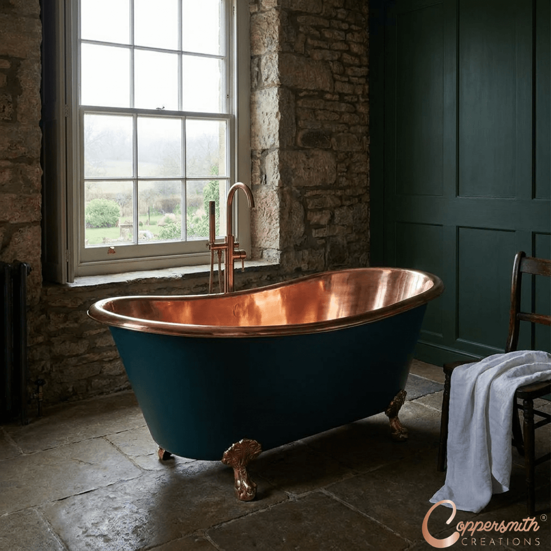 Copper Bathtub RAL 6004 Blue-Green Exterior & Copper Clawfoot Legs