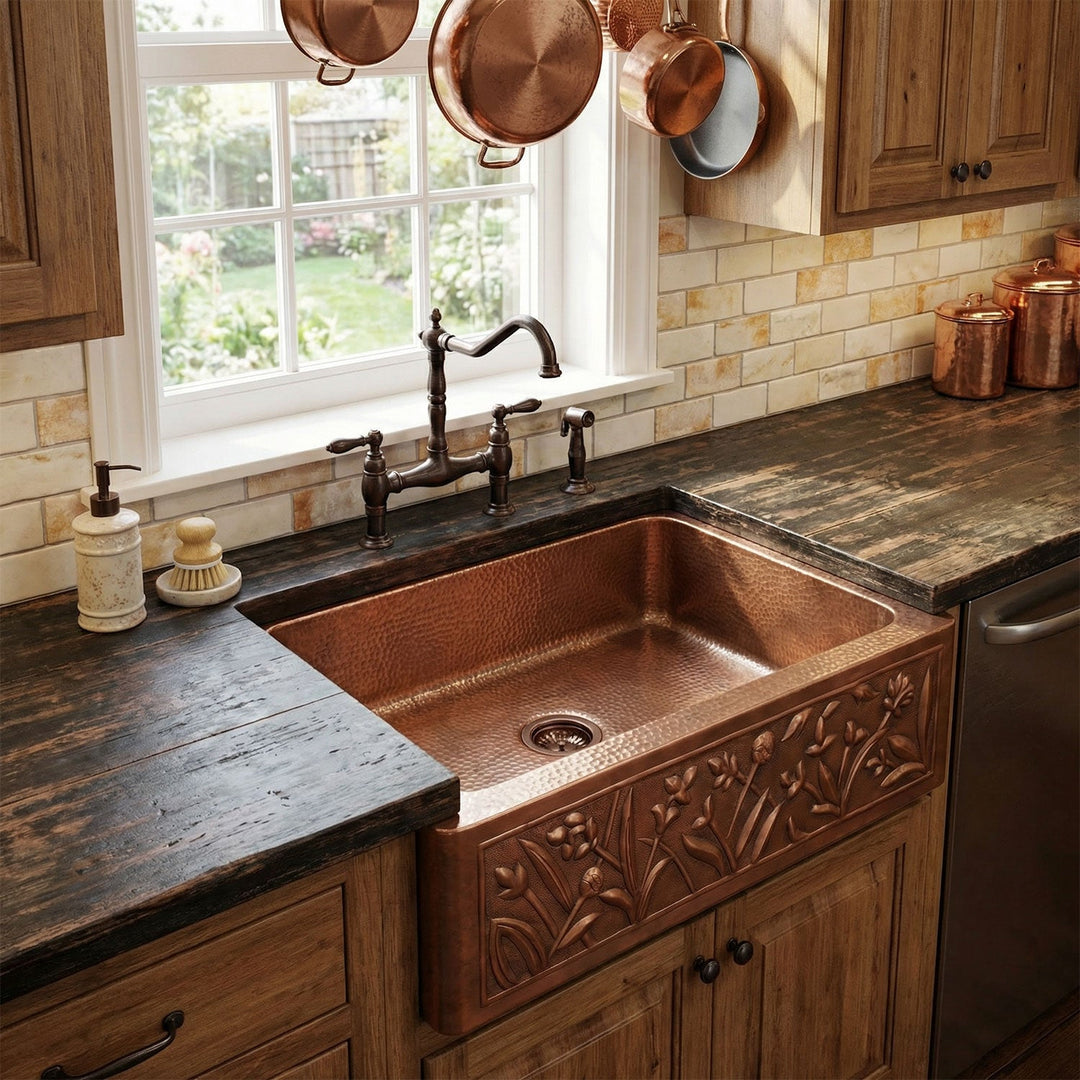 Single Bowl Flower Front Apron Copper Kitchen Sink